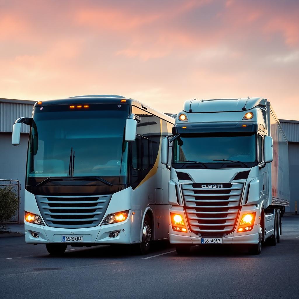 HGV lorry and coach at depot at dusk
